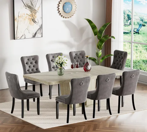 Miniatura 21 de Henf Juego de mesa de comedor extensible de 7 piezas para 6, 160 cm-200 cm Mesa de cocina extensible de grano de mármol blanco con 6 sillas Blanco