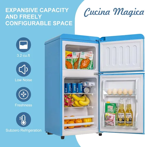 Miniatura 5 de Cucina Magica Mini Refrigerador para Dormitorio, Mini Refrigerador de 3.2 pies cúbicos, Refrigerador retro con puertas dobles ajustables