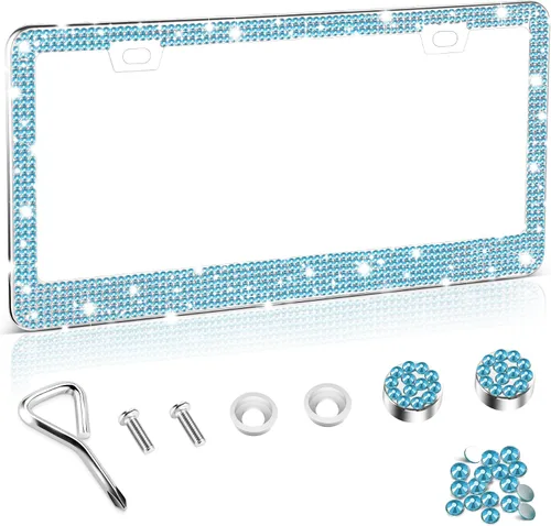 Miniatura 11 de Amiss Marco de matrícula brillante para mujer, 1 paquete de diamantes de imitación hecho a mano de cristal de acero inoxidable de alta calidad, Negro