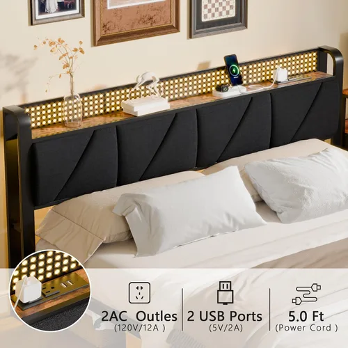 Miniatura 3 de Furnulem Marco de Cama King con Cabecero y Luz LED, Plataforma Tapizada con Toma de Corriente y Puerto USB, Cama Tamaño King con Soporte de Metal