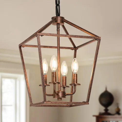 Miniatura 7 de Lámpara de araña de granja de 4 luces, lámpara de techo rústica tipo linterna con jaula de metal pintado de madera y cadena ajustable, luminaria