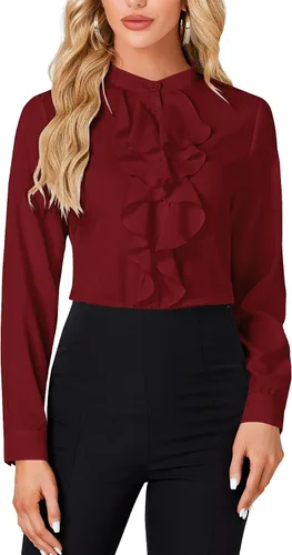 Miniatura 14 de LYANER - Blusa de cuello alto con botones, volantes en el frente, manga larga, camisa de trabajo para mujer