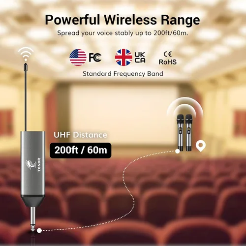 Miniatura 3 de TONOR Micrófonos inalámbricos, sistema de micrófono dinámico de metal inalámbrico dual UHF con receptor recargable, para canto de karaoke, boda, DJ