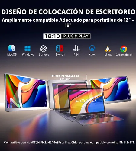 Miniatura 4 de Extensor de pantalla para portátil de 14 pulgadas con triple monitor FHD 1200P 16:10, pantalla izquierda, monitor portátil abatible de 360° para Gris
