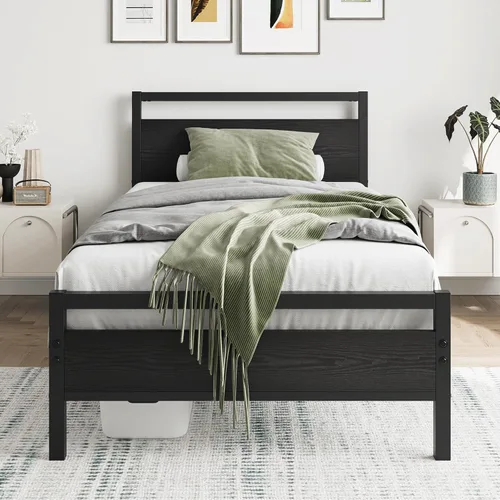 Miniatura 15 de HOJINLINERO Marco de cama individual con cabecera de madera, marco de cama de metal con plataforma individual, no necesita somier, listones de acero