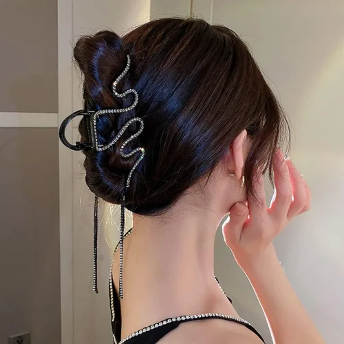 Miniatura 3 de Jumwrit Pinza para el cabello, pinza de pelo grande con diamantes de imitación, pinza de metal de sujeción fuerte con cadena larga de borlas, pinza