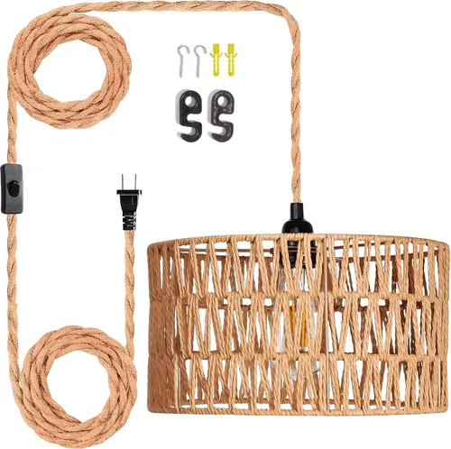 Lámparas Colgantes de Ratán Luz Colgante Luces Colgantes Cable de 16.4 pies con Enchufe Lámpara Colgante que se Enchufa a Toma de Pared Iluminación