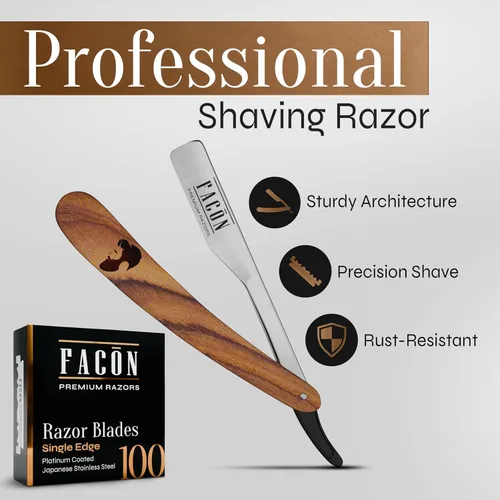 Miniatura 2 de Facón Navajas rectas para hombres - Kit de navaja de barbero profesional de borde recto con 100 cuchillas, afeitadora de acero inoxidable de madera