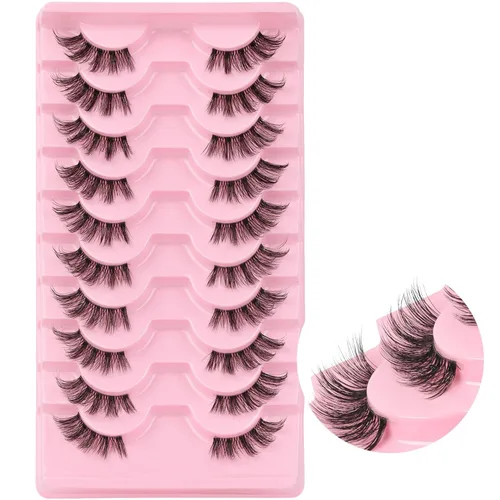 Miniatura 9 de Ahrikiss Mitad pestañas de aspecto natural, 10 pares de pestañas postizas 3D esponjosas con banda transparente, medias pestañas cortas suaves (TB10)