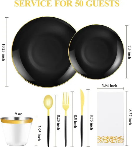 Miniatura 2 de 350 Piezas Juego de Vajilla de Plástico Negro Dorado, Platos Desechables Dorados para Fiesta, Incluye 100 Platos Negros con 150 Cubiertos