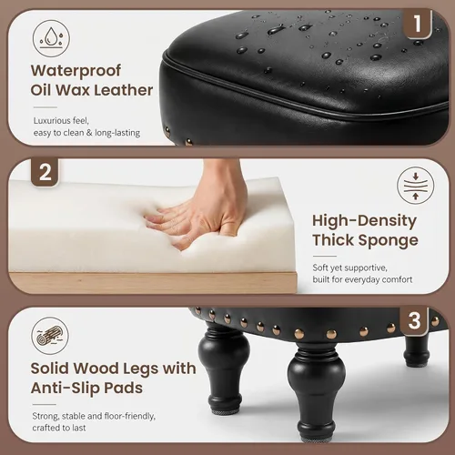 Miniatura 4 de Cmishe Reposapiés otomano de cuero, reposapiés vintage, asiento tapizado de espuma gruesa, reposapiés de madera, banco para zapatos debajo del Negro