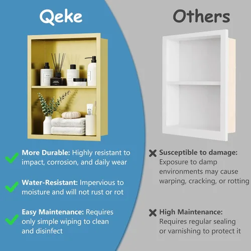 Miniatura 4 de Qeke 14x18 Botiquín de Medicina Empotrado, Botiquín de Medicina Sin Espejo, Nicho de Pared de Acero Inoxidable 304 con Dos Estantes, Dorado Cepillado