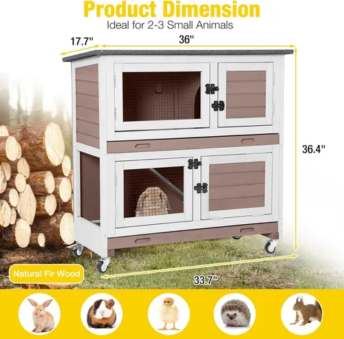 Miniatura 6 de Aivituvin Rabbit Hutch - Jaula para conejitos de interior para exteriores, casa de mascotas de 2 pisos, jaula de conejillo de indias con ruedas
