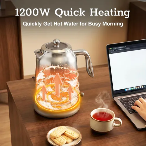 Miniatura 7 de Hervidor eléctrico grande de 1.7L con termómetro, hervidor de té eléctrico de 57.oz con apagado automático, acero inoxidable 304, hervidor de agua