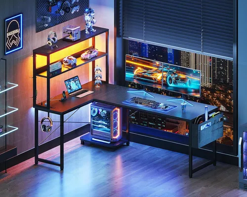 Miniatura 2 de Casaottima Escritorio para juegos de 61 pulgadas con tomas de corriente y luces LED, escritorio reversible en forma de L con estantes y bolsa