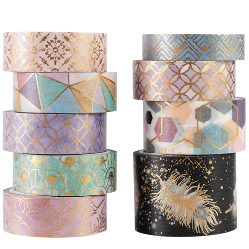 Miniatura 12 de YUBBAEX Mystic Gold Washi Tape Set - Cinta adhesiva decorativa ancha de lámina plateada para artes, manualidades DIY, suministros para diarios