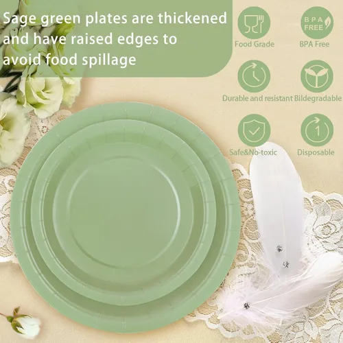 Miniatura 4 de Platos de papel verde salvia, platos y servilletas, suministros para fiesta, 200 unidades, decoración de despedida de soltera, cumpleaños, 50