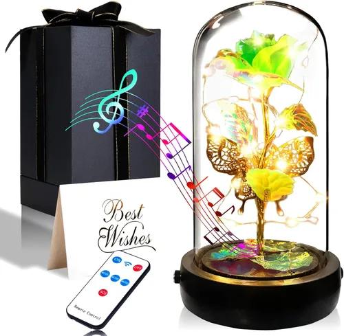 Miniatura 14 de Regalos de rosas de cumpleaños para mujeres y mamá, regalo de rosa de cristal blanco colorido Rainbow Rose in Glass Dome with Music Box, Light Up