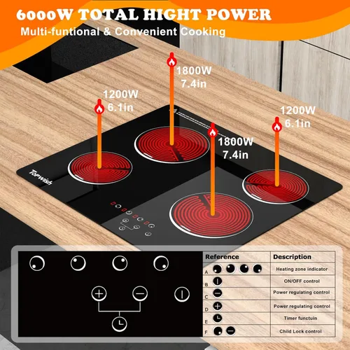 Miniatura 5 de Placa de cocina eléctrica de 4 quemadores, TOPWISH de 24 pulgadas, estufa eléctrica incorporada, placa de cocina radiante de 220-240v con bloqueo