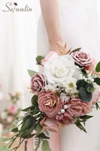 Miniatura 8 de Serwalin Ramos de boda de 9.8 pulgadas para novia y dama de honor, peonías rosa empolvado, ramos de flores de novia para boda, ramo de lanzamiento