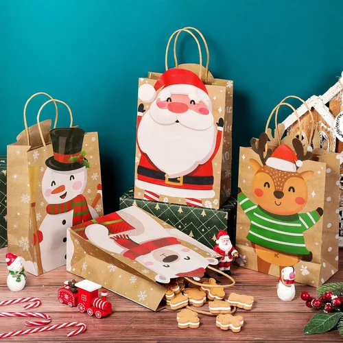 Miniatura 3 de Funrous Bolsas de regalo de Navidad, 6 diseños, bolsas de regalo de papel kraft de Navidad con asas, recuerdos de Navidad para aperitivos