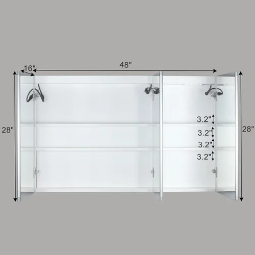 Miniatura 2 de Karl home Botiquín de baño de 3 puertas de 48 x 28 pulgadas con espejo LED, gabinete de baño regulable de 3 colores montado en la pared con estantes
