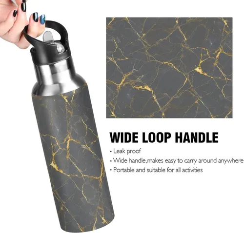 Miniatura 4 de Gray Marble Gold Yellow Insulated Water Bottle 32 Oz, BPA-Free Sports Water Bottle with Straw Leakproof Water Bottles