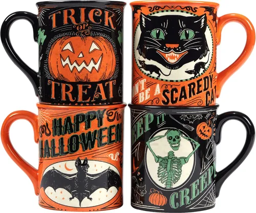 Juego de 4 tazas de Halloween – Tazas de café de cerámica espeluznantes con diseños vintage de truco o trato – gato negro, esqueleto, calabaza y