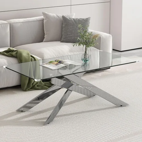 Mesa auxiliar de cristal de 47 pulgadas, mesa central rectangular moderna con parte superior de vidrio templado transparente y patas de metal mesa