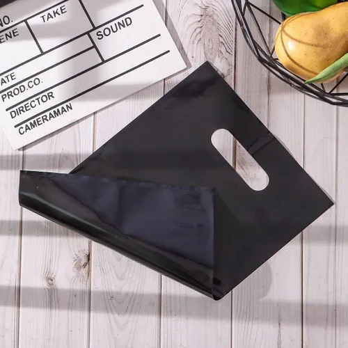 Miniatura 5 de ysmile Pequeña bolsa de compras de plástico negro para pequeñas empresas Bolsa de mercancía de plástico con asa Poli troquelado para venta al por