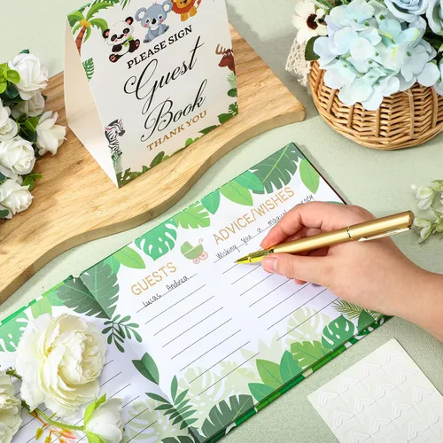 Miniatura 3 de Fuyoooo 27 piezas de libro de invitados para baby shower de safari en la jungla con tarjeta de lugar floral y sello de inicio de sesión para baby