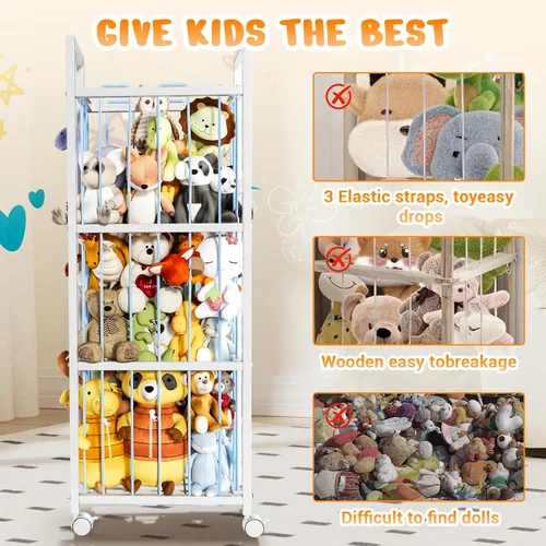 Miniatura 6 de Almacenamiento de animales de peluche, soporte de metal para animales de peluche con ruedas y cordones elásticos, organizador de juguetes