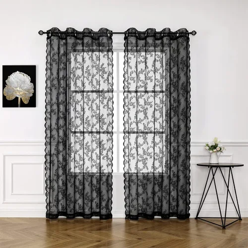 Cortinas traslúcidas de encaje negro de 108 pulgadas para dormitorio, cortinas clásicas con bordado de rosa negra, cortinas traslúcidas de punto