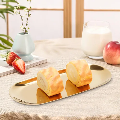 Miniatura 4 de Bandeja de acero inoxidable para toallas/platos, bandejas de almacenamiento de té/frutas, organizador de cosméticos y joyas, dorado, ovalado