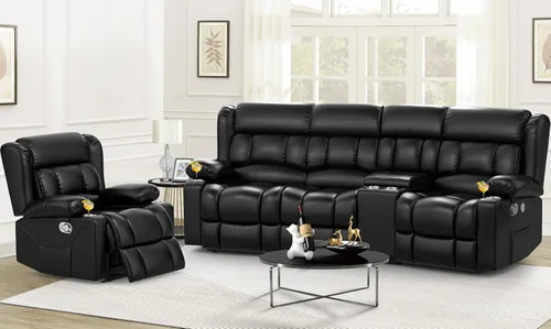 Dresegmt - Juego de sofá reclinable con consola de almacenamiento, diseño de respaldo central abatible, sofá de piel sintética y sillón reclinable