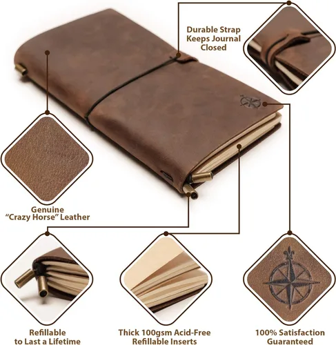 Miniatura 2 de WANDERINGS Cuaderno A5 Travelers hecho a mano, de cuero auténtico, 6 x 8.5 pulgadas, diario de viaje recargable con soporte para bolígrafo