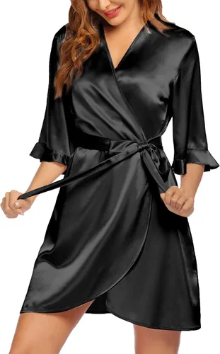 Miniatura 2 de Ekouaer Bata de satén para mujer, lencería de San Valentín para mujer, kimono, bata corta con volantes, cinturón, ropa de dormir para damas de honor