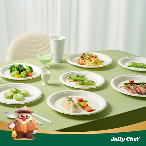 Miniatura 5 de JOLLY CHEF Platos compostables resistentes de 10 pulgadas [paquete de 125] Platos desechables ecológicos blancos hechos de bagazo biodegradables