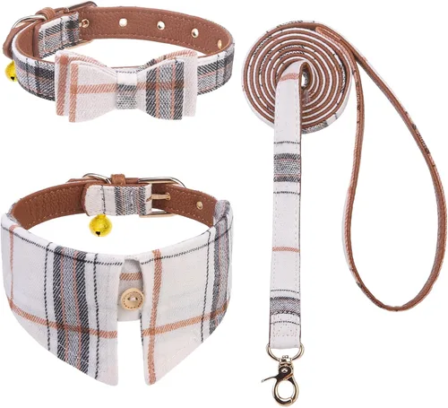 Miniatura 13 de EXPAWLORER Juego de collar y correa para perro - Corbata de moño clásica a cuadros para perro y collar bandana para perro con campana, correa