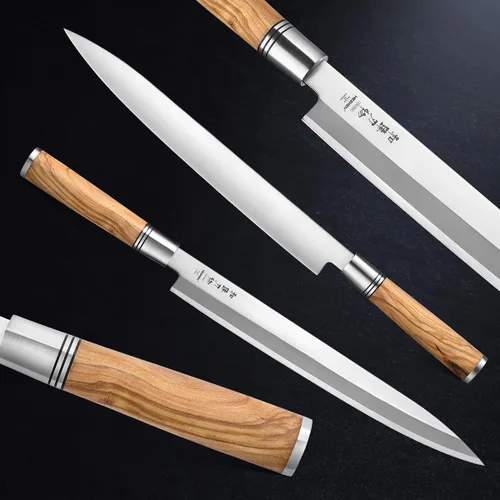Miniatura 3 de HEZHEN Cuchillo Sashimi de 11.811 in, cuchillo de yanagiba de acero forjado, rebanado de sushi, estuche de cuchillo de mango de madera