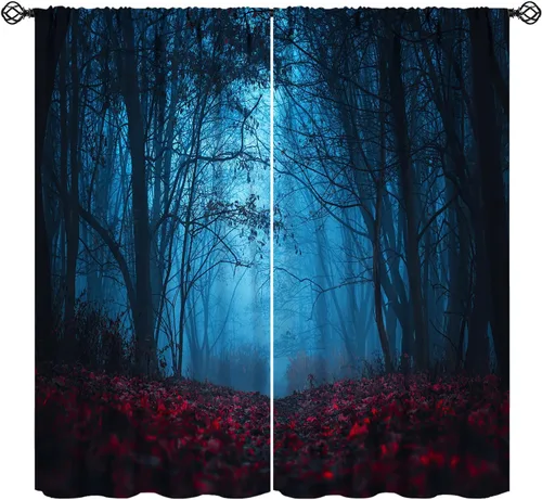 Miniatura 20 de Cortinas de bosque espeluznante, arañas góticas de bosque con niebla, árboles muertos, telarañas de telarañas de Halloween, estilo de fiesta
