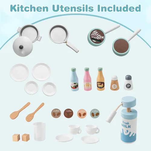 Miniatura 8 de INFANS Juego de cocina para niños, juego de cocina de madera para niños pequeños, juego de juguetes de cocina con cafetera, máquina de hielo, Azul