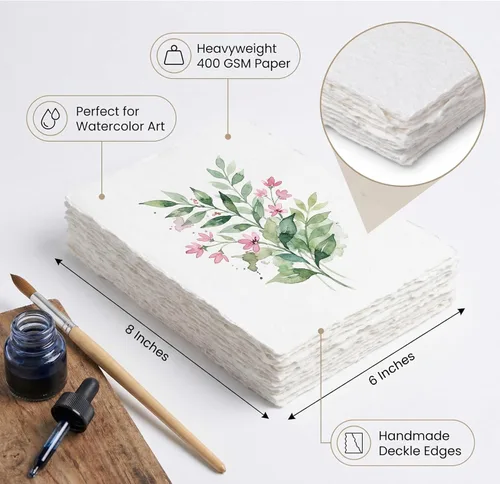 Miniatura 7 de 400 GSM / 25 hojas - Papel de dibujo/boceto de acuarela rugoso/texturizado - 8"X6" (A5) - Papel de algodón con borde envejecido hecho a mano