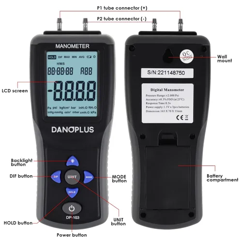 Miniatura 4 de Manómetro digital Manómetro Probador de presión de gas profesional 12 unidades seleccionables Manómetro diferencial Medidor de presión de aire HVAC