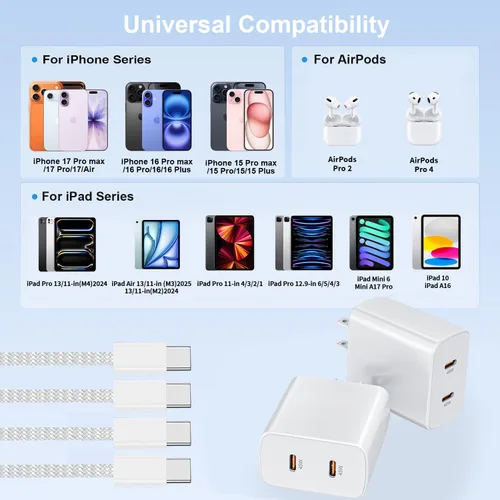 Miniatura 6 de Cargador súper rápido USB C de 45 W, paquete de 2 bloques de carga dual USB C para iPhone con cable trenzado tipo C a C de 3.3 pies de carga rápida