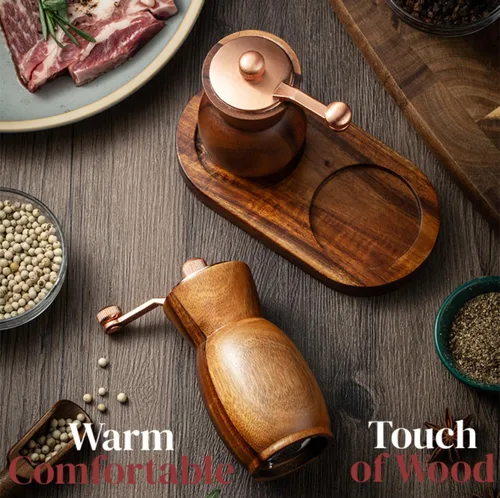 Miniatura 6 de Molinillo de pimienta, molinillo de sal y pimienta con soporte, salero y pimentero de madera, molinillo de especias manual recargable