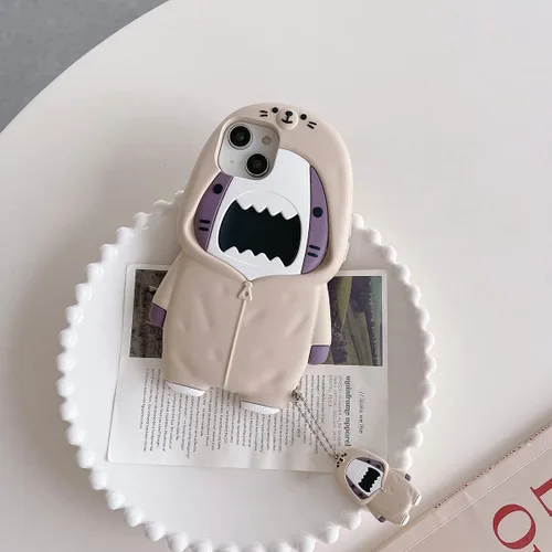 Miniatura 2 de Funda para iPhone 13 Pro Max, Lindas Fundas 3D Kawaii de Dibujos Animados de Suéter Tiburón con Llavero, Funda de Silicona Gel Suave con Protección