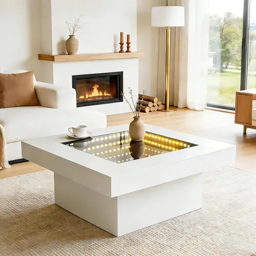 Miniatura 11 de FKWin Mesas de centro modernas negras – Mesa de centro cuadrada con espejo de profundidad infinita con luces LED, mesa negra para sala de estar