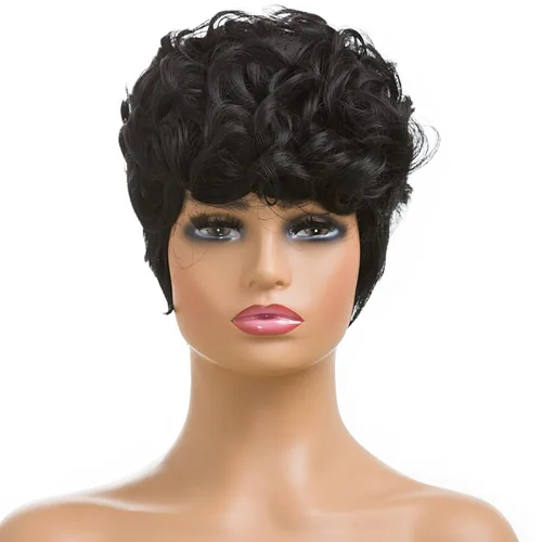 Miniatura 2 de Pelucas cortas de corte Pixie negro natural para mujeres negras, pelucas de cabello rizado de repuesto, peluca corta negra en capas con flequillo