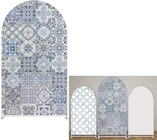 Miniatura 13 de Fundas de fondo de arco de porcelana, decoración de fiesta mediterránea, azulejos azules arqueados para fotografía, cubiertas de soporte